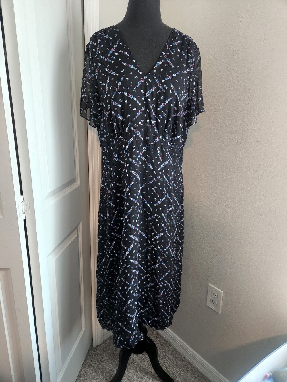 Pendleton Black Midi Dress with Blue and White Floral Motif